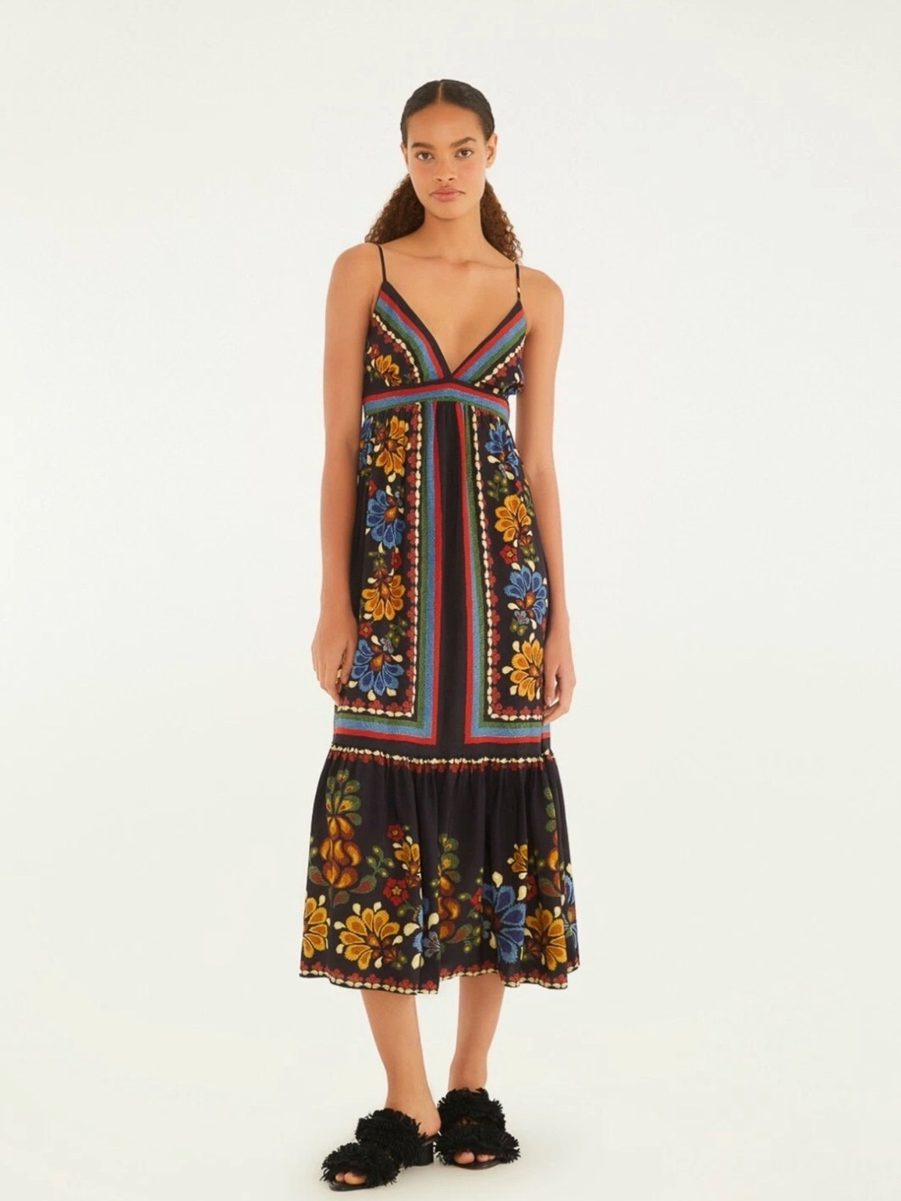 FARM Rio Black Midi Dress with Multicolor Floral Stripes